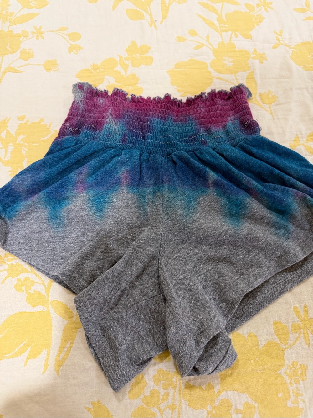 Chaser Tie-Dye Smocked Waist Athletic Shorts in Gray, Blue, Purple